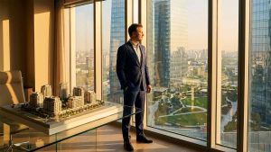 نمایی مفهومی از یک مدیر ارشد مالی در دفتری مجلل که در حال بررسی ماکت‌های توسعه شهری و املاک است.