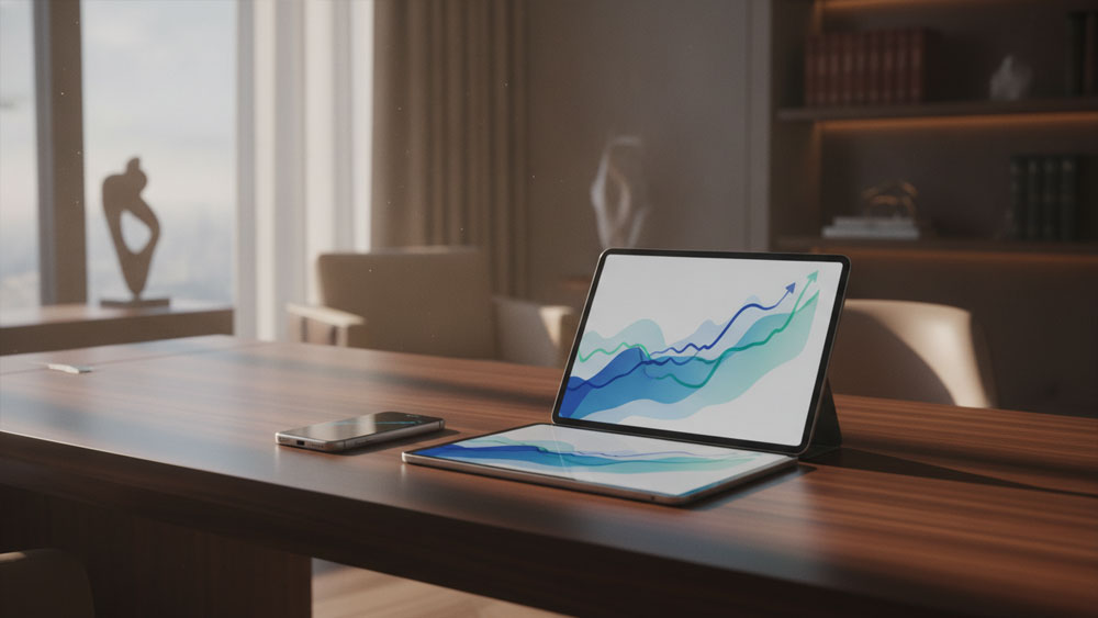 نمایش مفهومی سرمایه گذاری مدرن و دسترسی به سهام شرکت های بزرگ جهانی با استفاده از تلفن همراه در یک محیط کاری شیک.