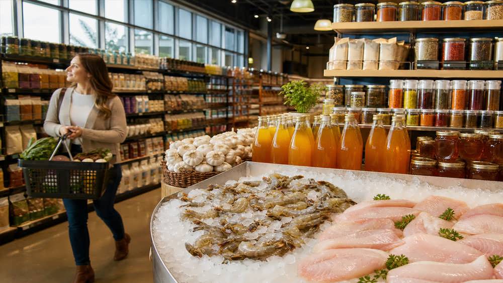 قفسه ای از مواد غذایی شامل میگوی منجمد، ماهی تیلاپیا، سیر، چای، ادویه و کنسانتره آب سیب در فروشگاهی آمریکایی.