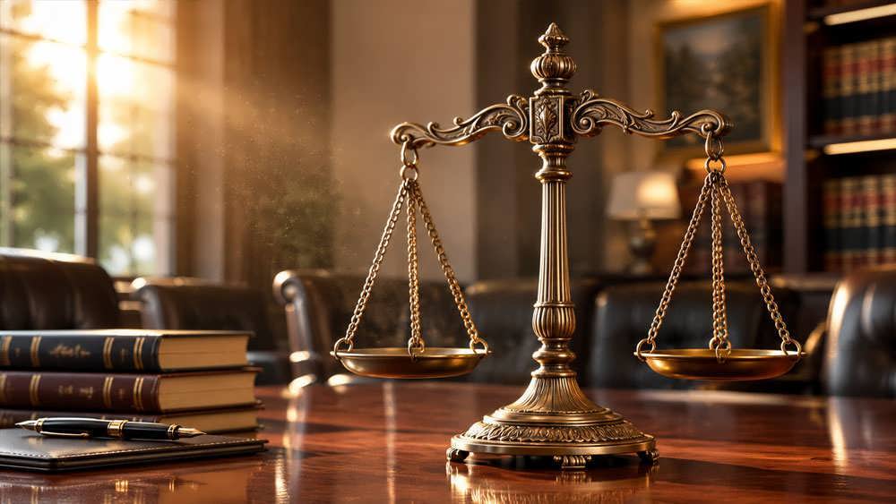 یک ترازوی طلایی کلاسیک روی میز چوبی در یک اتاق جلسات مجلل با نورپردازی سینمایی.