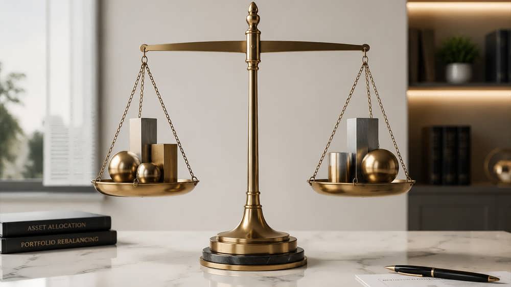 یک ترازوی مدرن و مینیمال از جنس برنج روی یک میز مرمرین که در حال ایجاد تعادل بین قطعات هندسی فلزی است.
