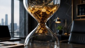 یک ساعت شنی شیشه‌ای مدرن که سکه‌های طلایی و داده‌های مالی در گلوی باریک آن گیر کرده‌اند، نماد قفل شدن سرمایه‌ها در صنعت سهام خصوصی.