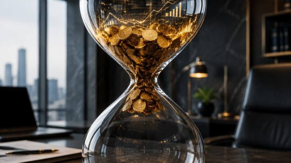 یک ساعت شنی شیشه‌ای مدرن که سکه‌های طلایی و داده‌های مالی در گلوی باریک آن گیر کرده‌اند، نماد قفل شدن سرمایه‌ها در صنعت سهام خصوصی.