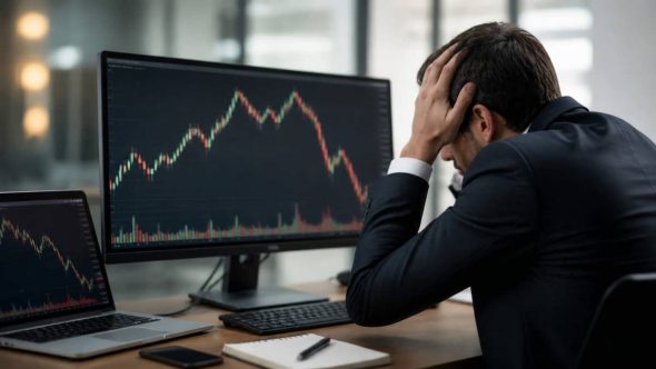 مرد تاجر مضطرب در حال تماشای ریزش بازار سهام روی مانیتور