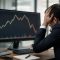 مرد تاجر مضطرب در حال تماشای ریزش بازار سهام روی مانیتور