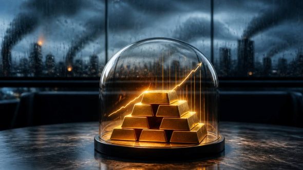 نمای مفهومی از محافظت از ثروت و دارایی‌ها در برابر طوفان رکود اقتصادی و نوسانات بازار.