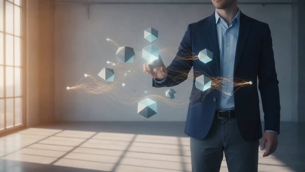 تصویر مفهوم گرایانه از ساختار شبکه غیرمتمرکز فناوری بلاک چین و تعامل کاربرمحور در اینترنت نسل جدید.