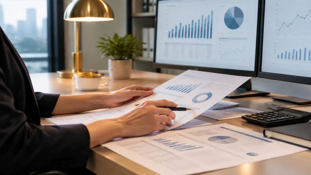 میز کار حسابدار ارشد با نمایشگرهای متعدد بدون متن و مستندات بررسی سود خالص و هزینه ها