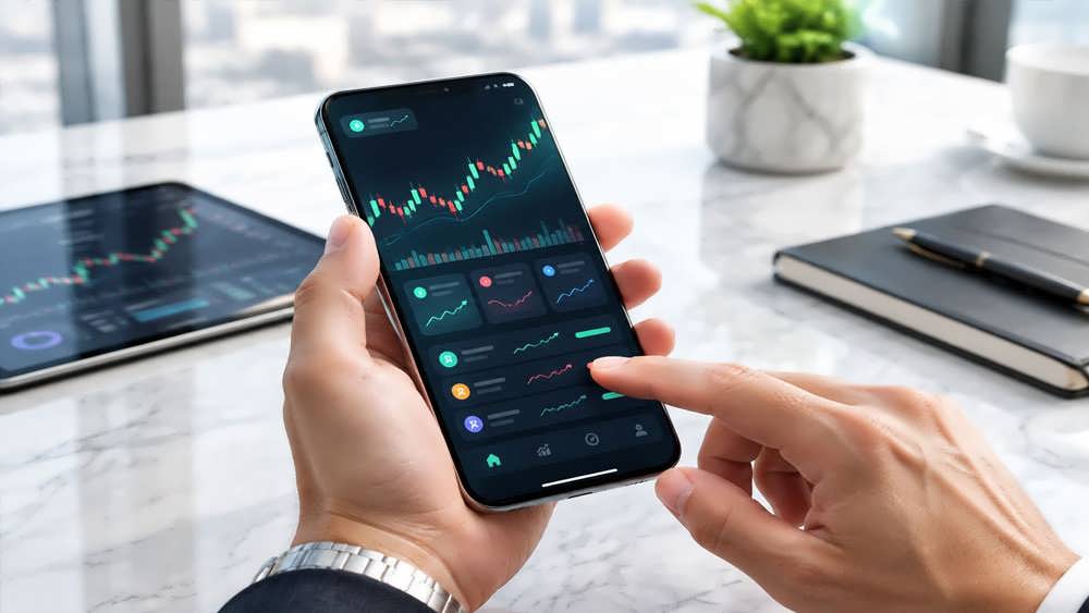 تریدر جوان در حال کار با اپلیکیشن موبایل و بررسی مراحل معاملات مالی روی میز کار