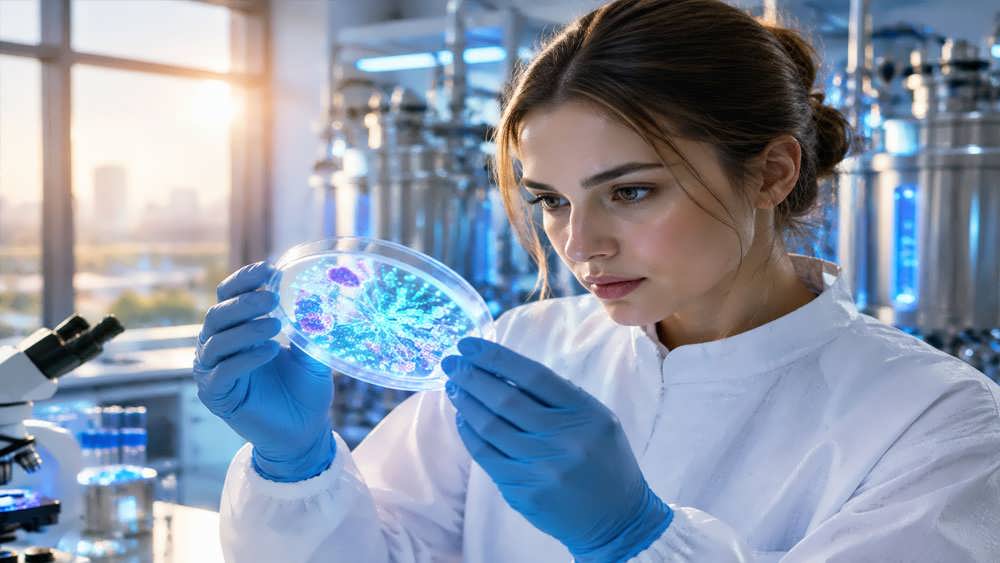 دانشمند بیوتکنولوژی در حال بررسی ساختار DNA و کشت سلول های زیستی در آزمایشگاه ژنتیک