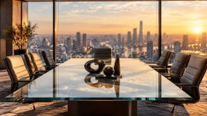 یک میز کنفرانس مدرن و مینیمال در یک دفتر کار با نمای شهری که نماد تصمیم‌گیری استراتژیک است.