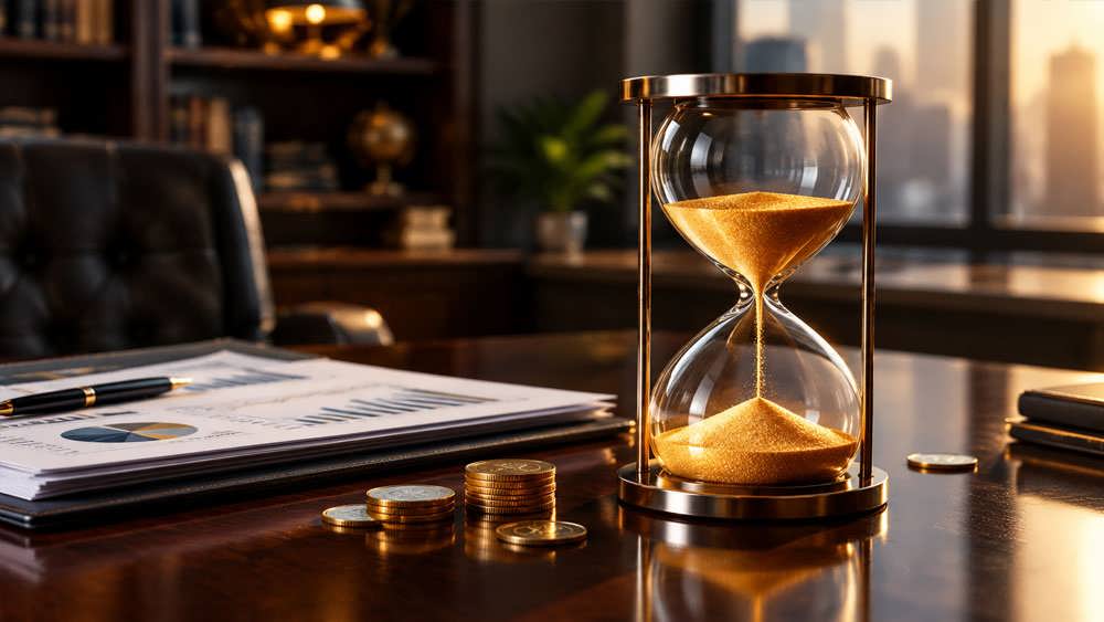 ساعت شنی لوکس بر روی میز چوبی اداری در کنار اسناد مالی و سکه های طلا به نشانه ارزش زمانی پول